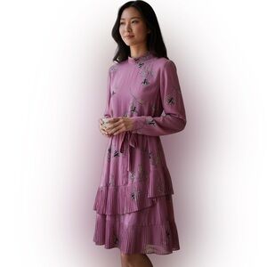 Vero Moda Elena Pink Floral Print Long Sleeve Tiered Midi Dress Size L